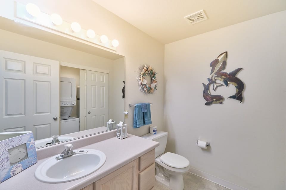 Thoughtfully decorated guest bathroom.
