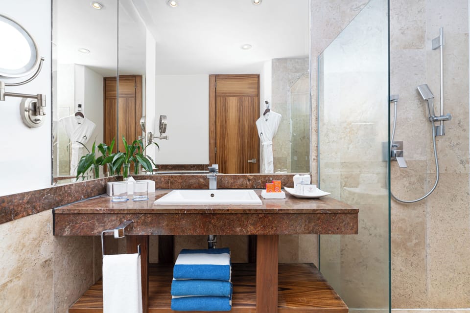 Shower, rainfall showerhead, hair dryer, bathrobes