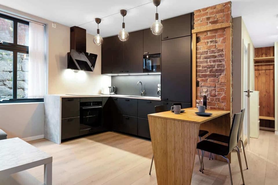 Matt-blacked out kitchen included dishwasher, coffeemaker and micro.
PS! The surface may be perceived as filthy, but has been thoroughly cleaned
