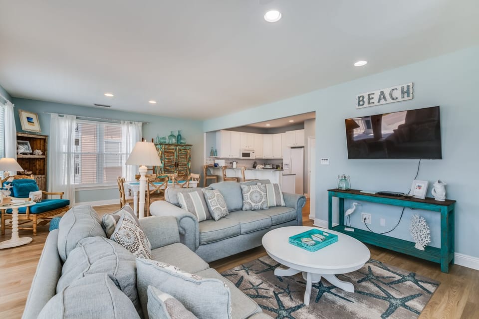 Relax in your comfortable living room after a fun day in the sun.