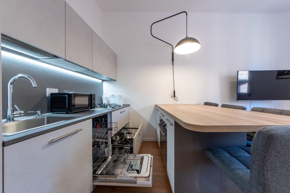 Apartment | Private kitchen | Full-size fridge, microwave, oven, stovetop