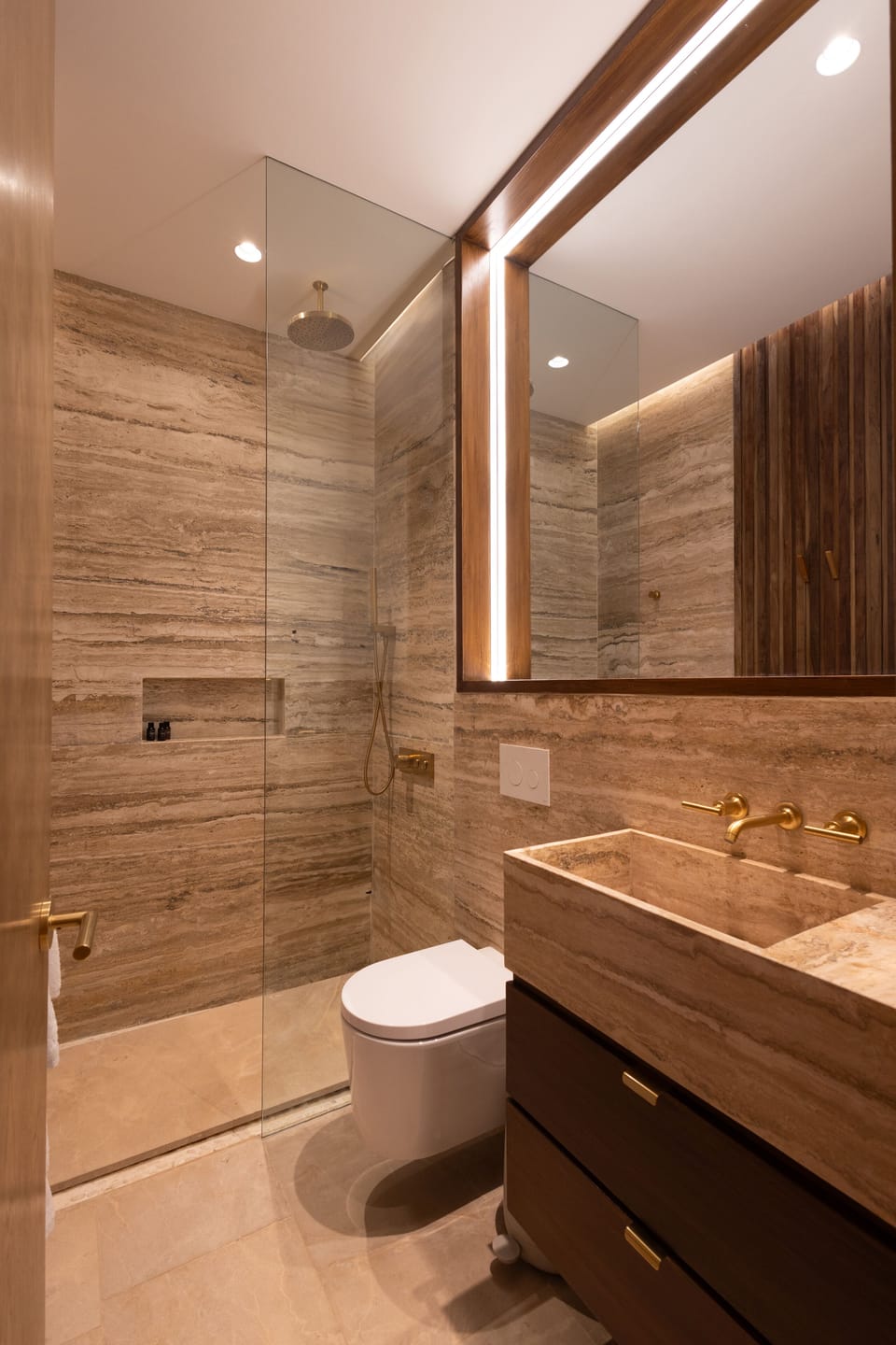 Shower, rainfall showerhead, designer toiletries, hair dryer