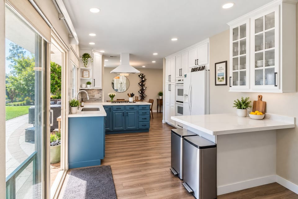 Colorful blue-and-white kitchen with a view over the sink