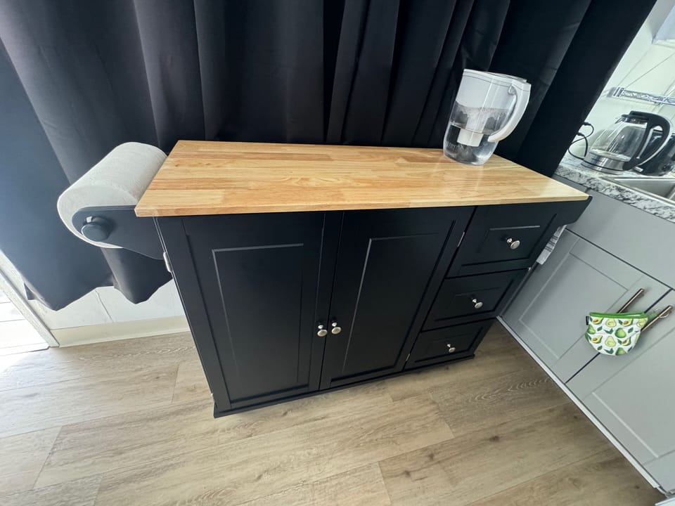 Rolling Table with Shelves and Storage Bins, Room Darkening Shades for Privacy