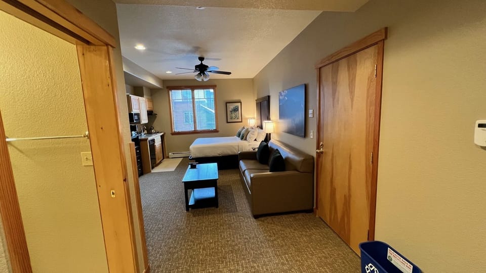 queen bedroom with sleeper sofa and kitchenette