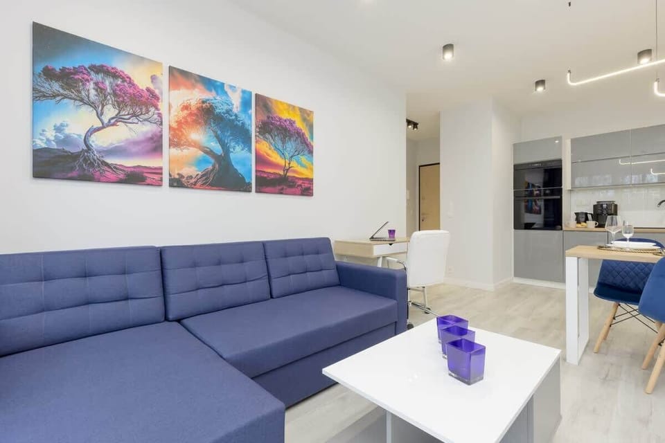 The living area features a sleek coffee table and a flat-screen television.
