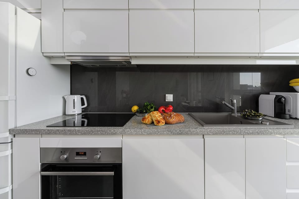 Fridge, microwave, electric kettle, toaster