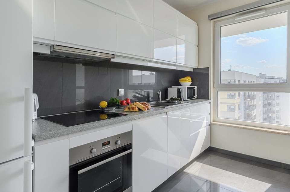 Fridge, microwave, electric kettle, toaster