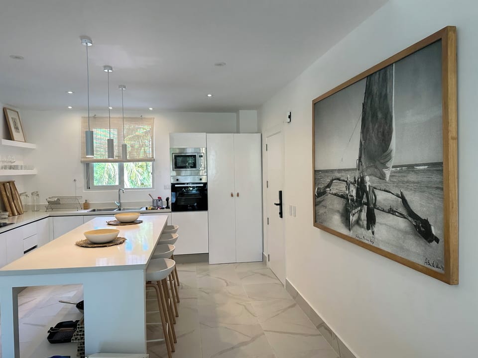 Kitchen island with laundry machine inside the wardrobe next to the entrance