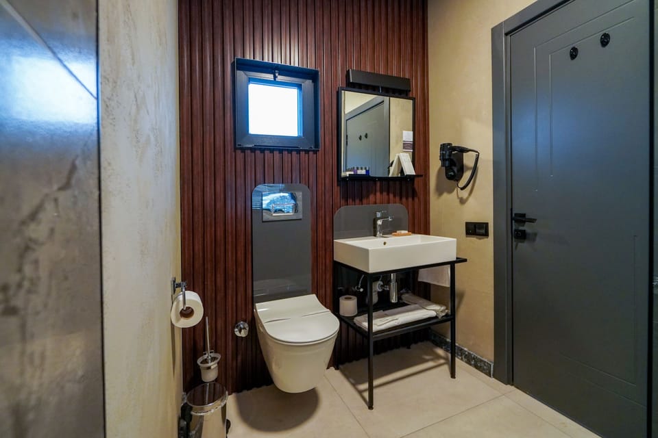 Shower, hair dryer, slippers, heated floors