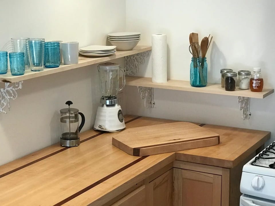 Plenty of counterspace. French press for your morning coffee. 
