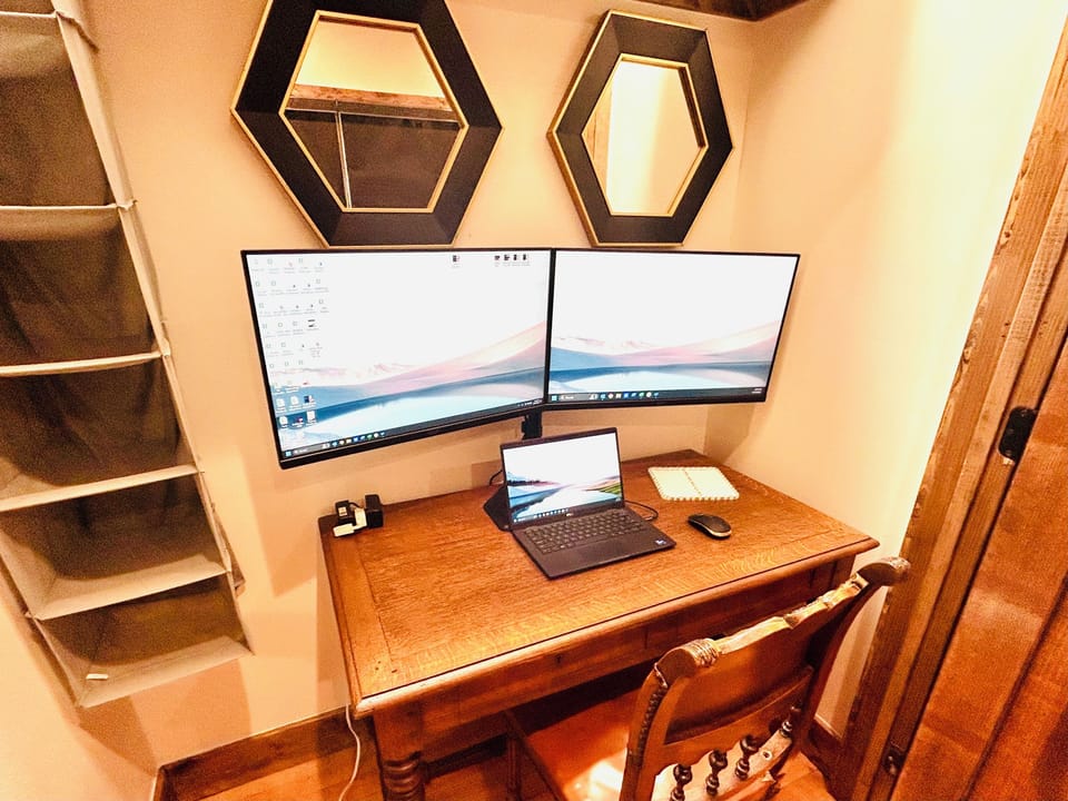 Dual Monitor Computer Desk with Docking Station for Laptop.