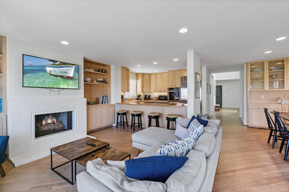Fireplace and television in the living room.