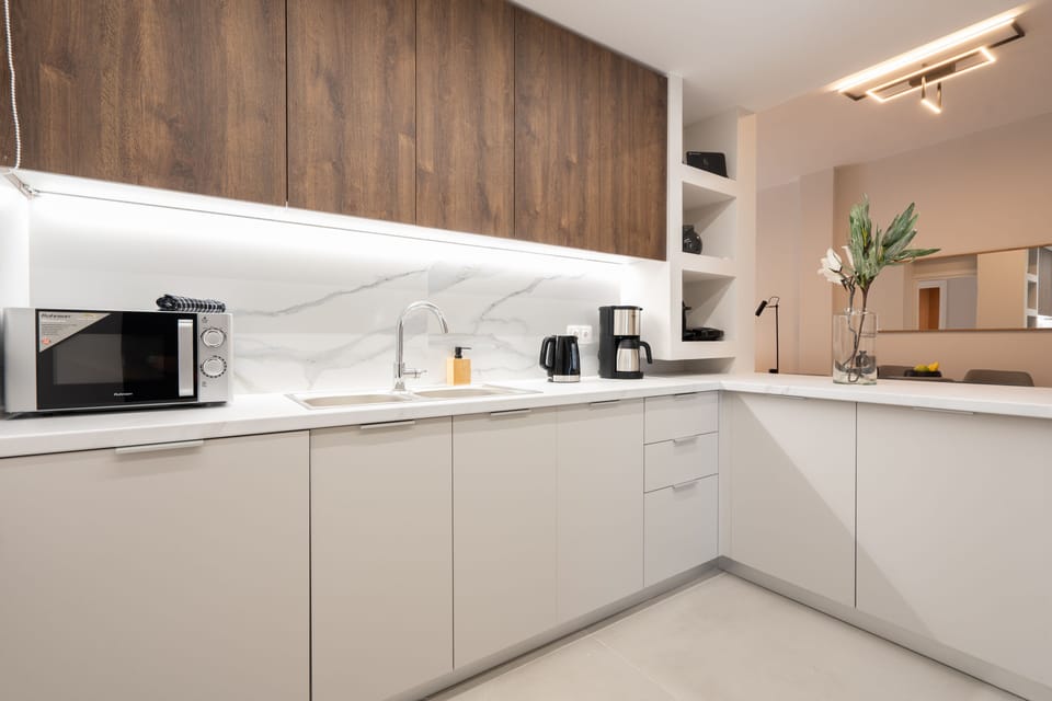 Deluxe Apartment | Private kitchen | Fridge, microwave, oven, stovetop