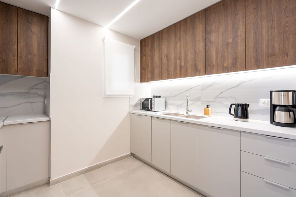 Deluxe Apartment | Private kitchen | Fridge, microwave, oven, stovetop