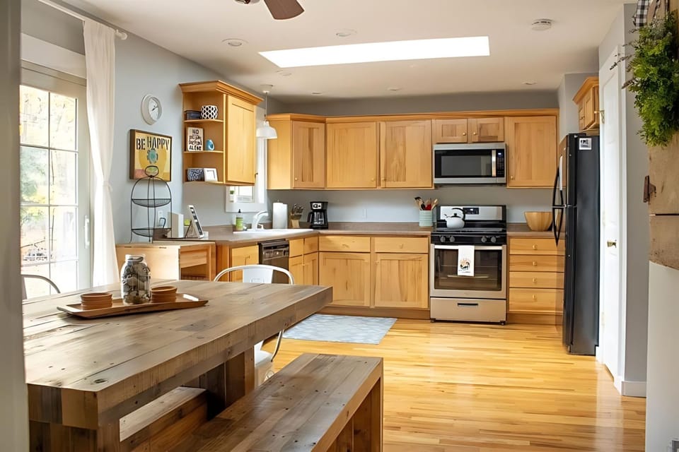 Spacious kitchen flows into dining area
