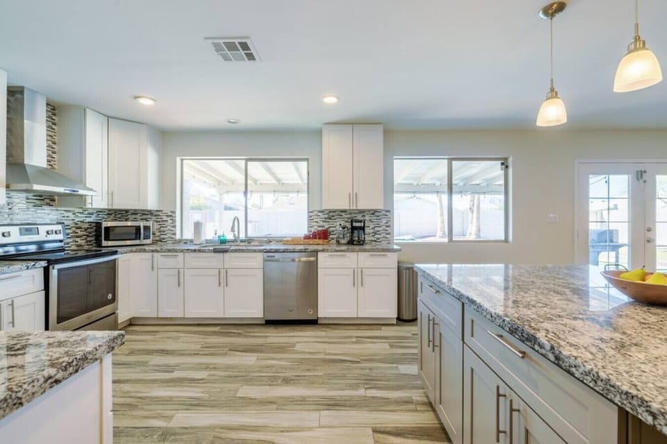 Comfortable and roomy, this dining space is ideal for family or friends