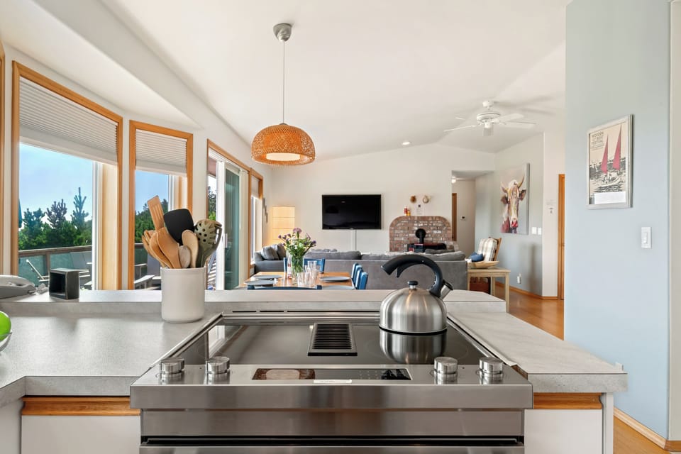 First floor with 3 bedrooms, kitchen, dining, living area, and access to outdoor space and garage. 
Living room with pellet stove, streaming TV.