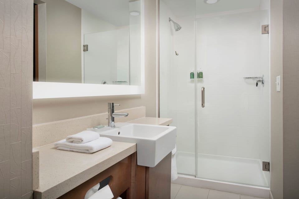 Deep soaking tub, hydromassage showerhead, hair dryer, towels