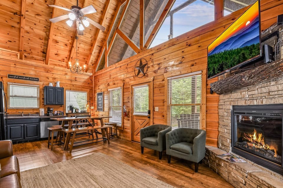 Family Cabin | Living area | 50-inch flat-screen TV with digital channels, DVD player