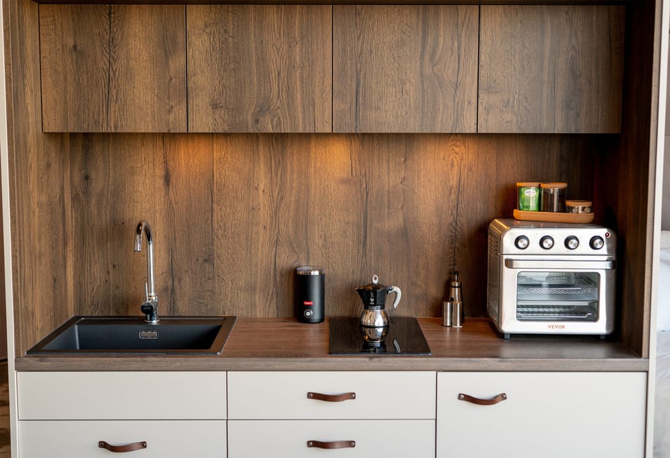 Mini-fridge, microwave, stovetop, espresso maker