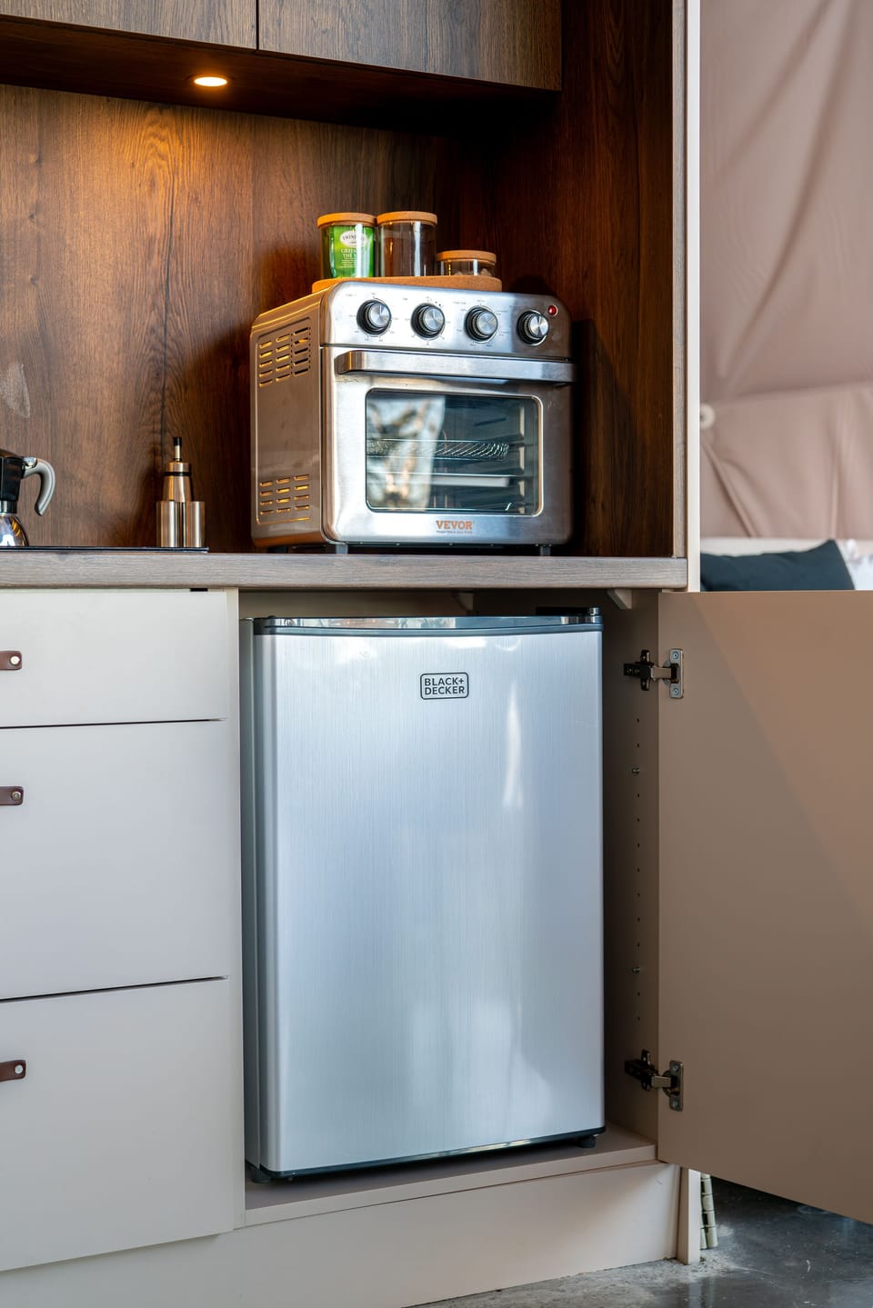 Mini-fridge, microwave, stovetop, espresso maker