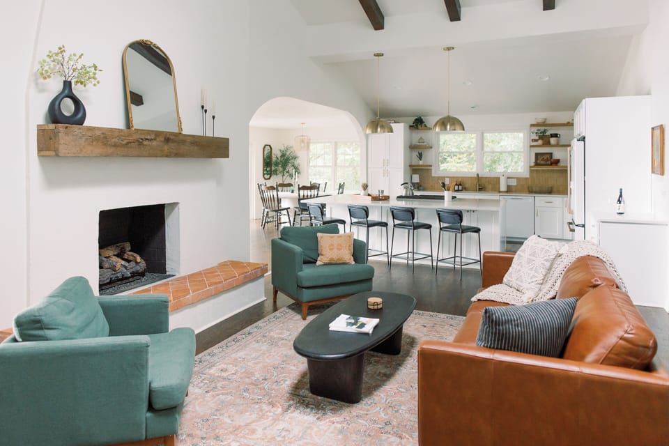 Sink into comfort in these plush leather couches in the living room.