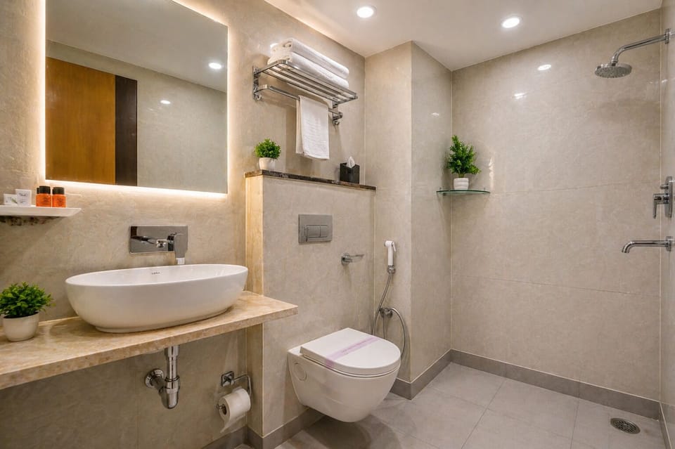 Shower, rainfall showerhead, eco-friendly toiletries, slippers