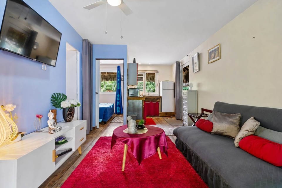 Fare Tiare: the whole fare in one view, living room through to bedroom and kitchen