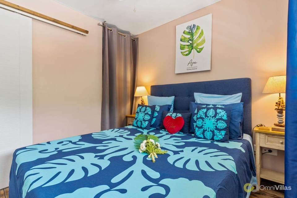 Soft bedding and calm, restful vibe.
