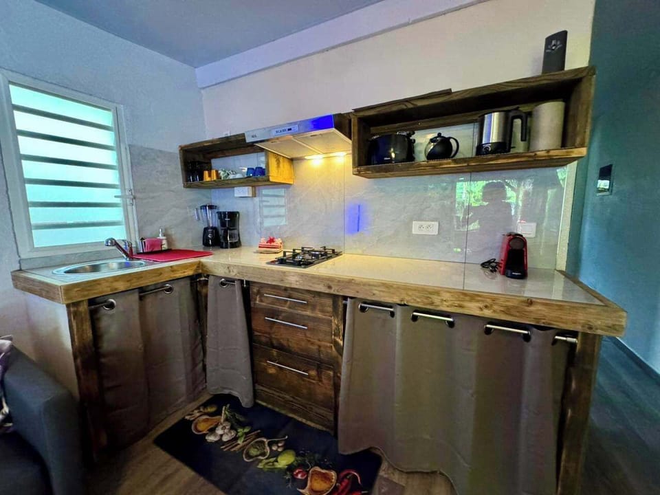 Compact modern kitchen with wood counters