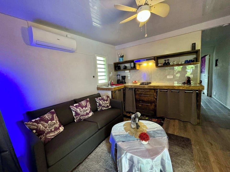 Living area with sofa, kitchenette, and relaxed tropical lounge feel.
