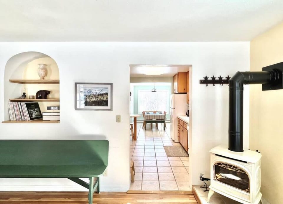 View from living room into kitchen and dining area