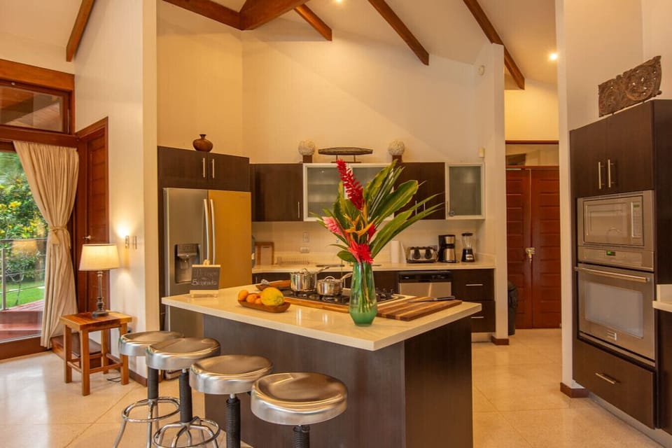 Modern fully equipped kitchen with central island and breakfast bar at Three Monkeys, Cahuita, Costa Rica.