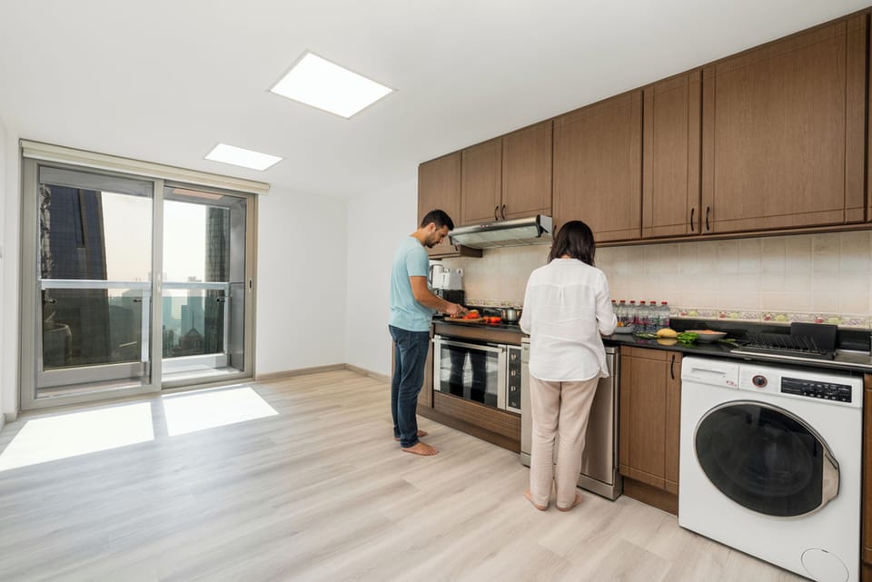 Panoramic Apartment | Private kitchen | Full-size fridge, microwave, oven, stovetop