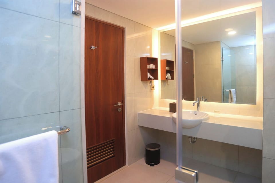 Shower, hydromassage showerhead, free toiletries, hair dryer