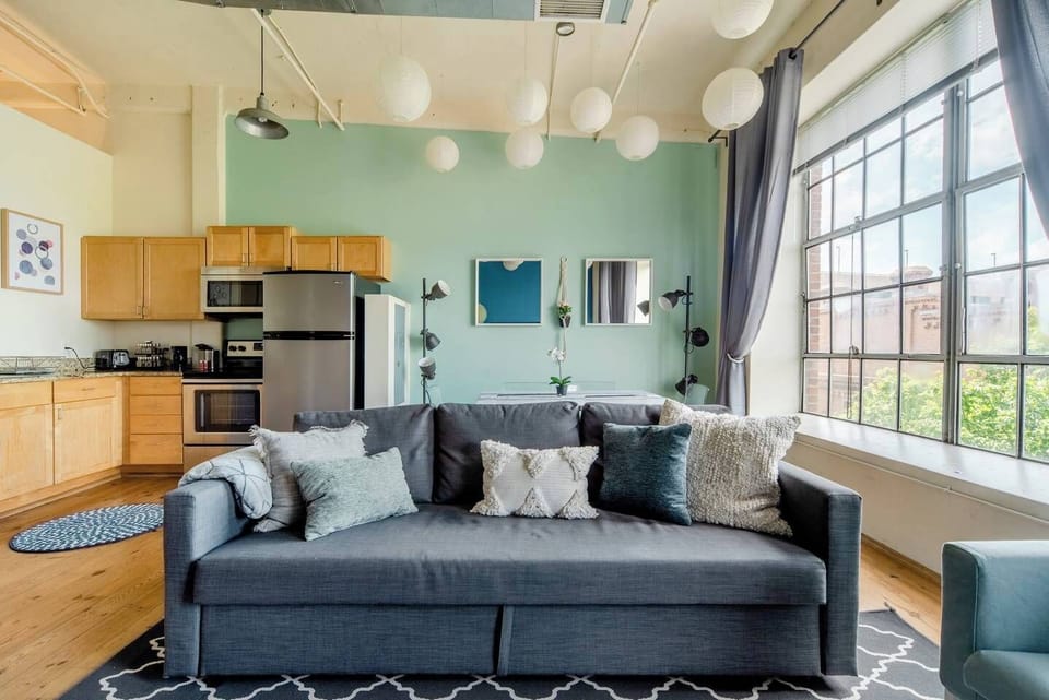 Charming floating lanterns fixed on the ceiling with large windows overlooking the courtyard.