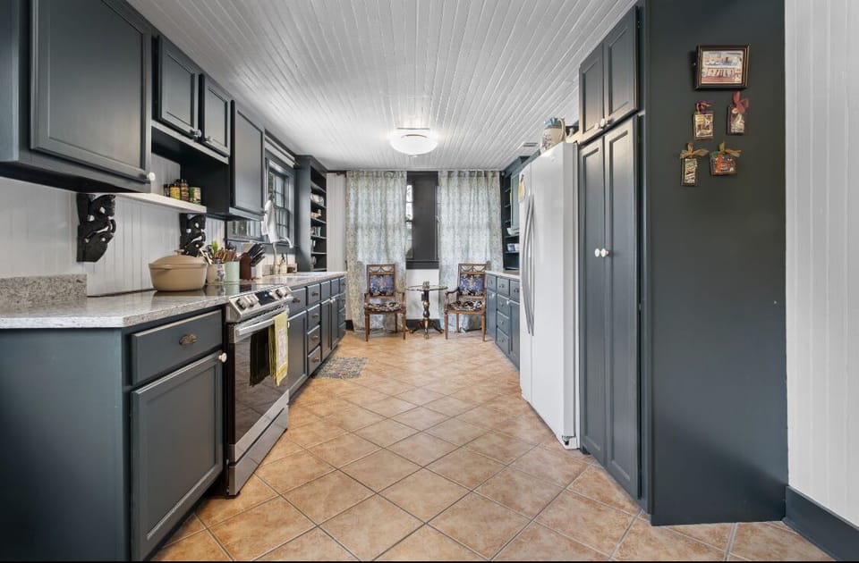 The kitchen has funky dog handles