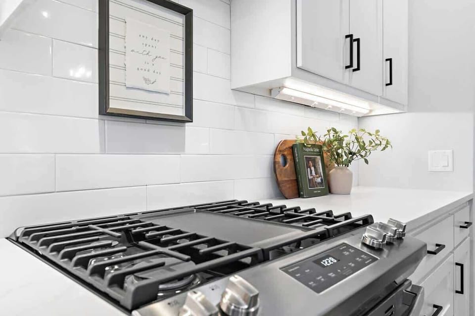 The stove and oven are gas powered for your convenience.