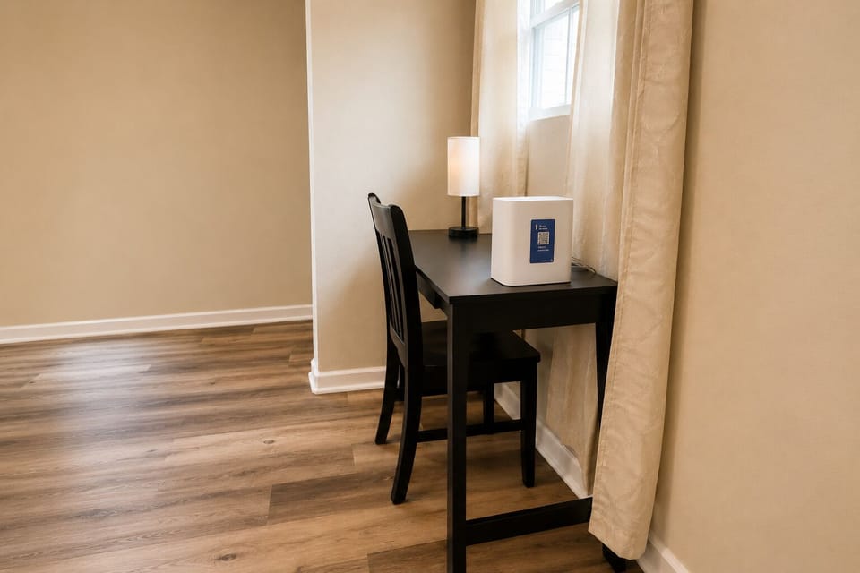 A closer look at the workspace nook and WiFi router for a reliable connection