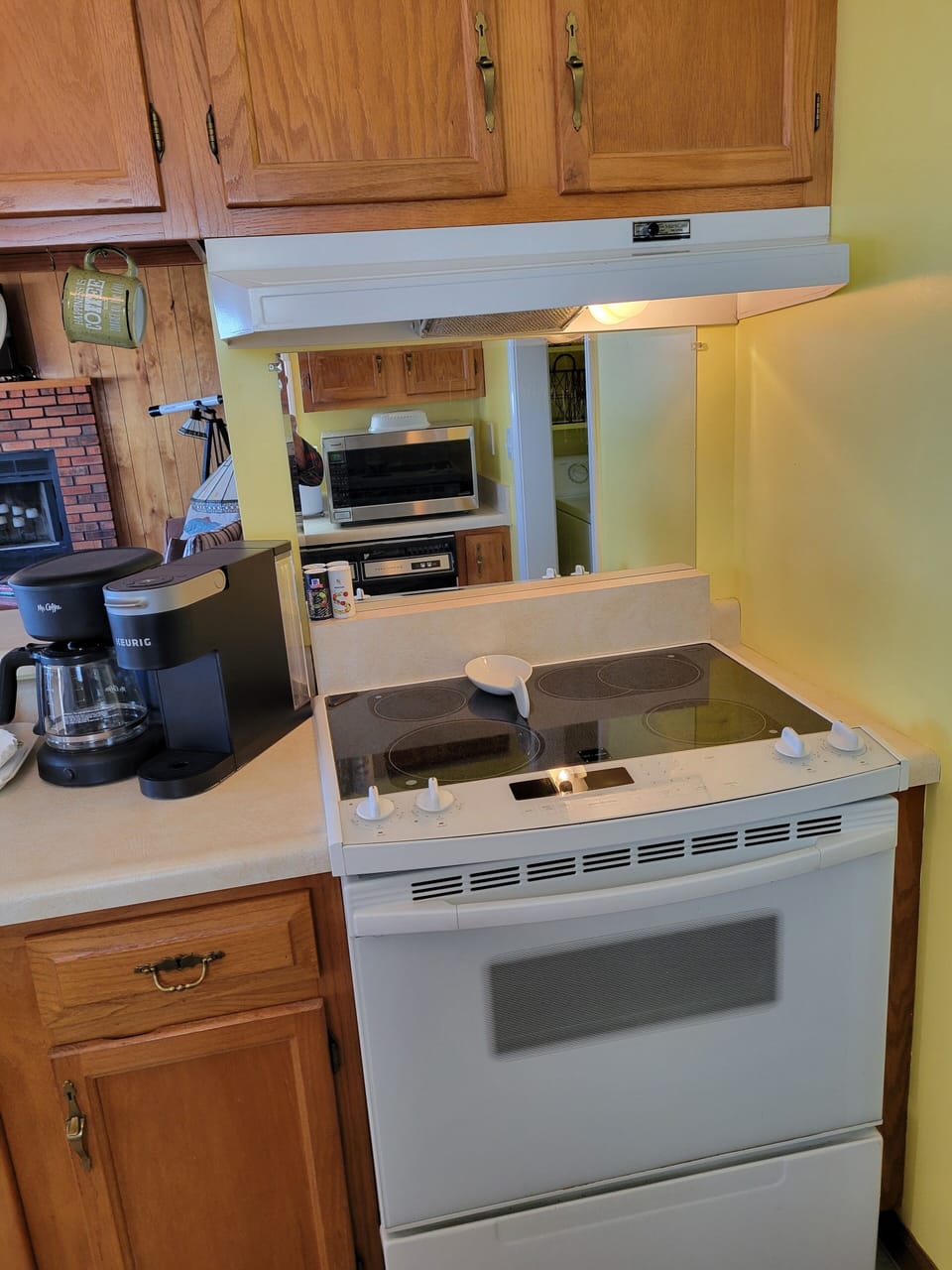 Electric stove and oven with vent hood.