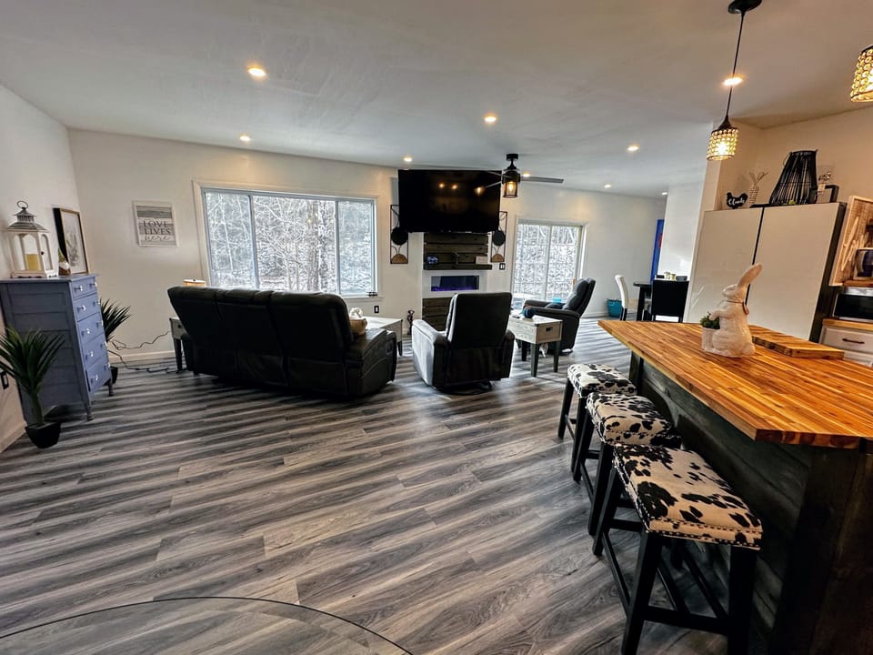 Open living, kitchen and dining areas