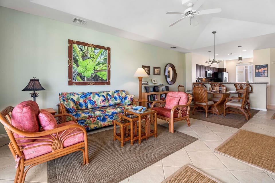 Living area with Tropical Decor, Dining Area & Kitchen