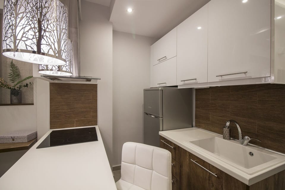 Full-size fridge, oven, stovetop, espresso maker