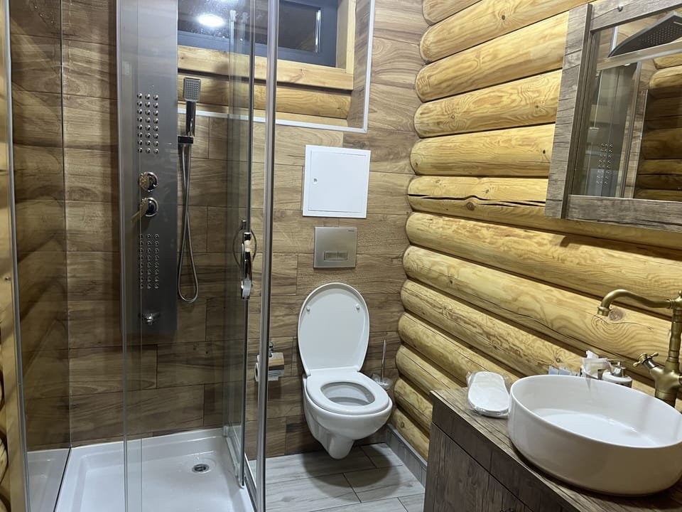Combined shower/tub, rainfall showerhead, hair dryer, slippers