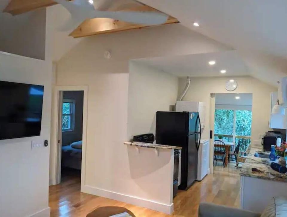 open beams and hardwood floors