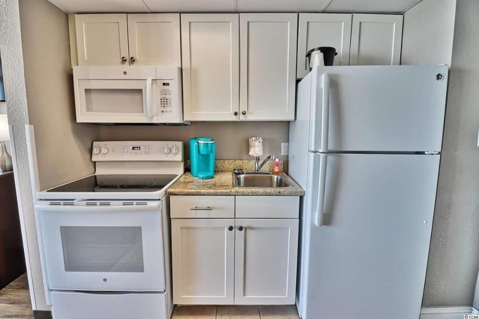 Compact yet fully equipped kitchen with fridge, microwave, and coffee maker