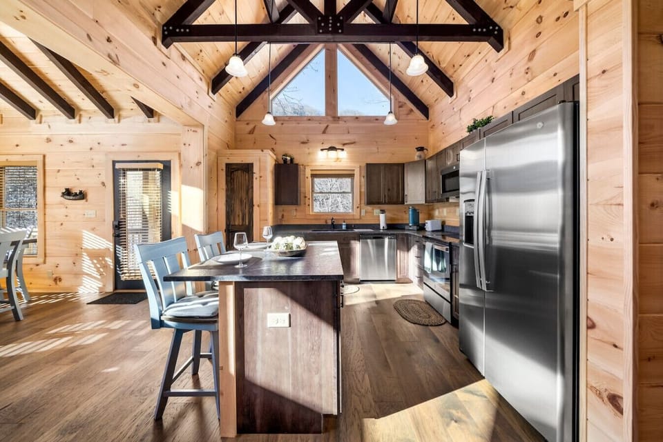 Beautiful kitchen and island seating area, stainless steel appliances