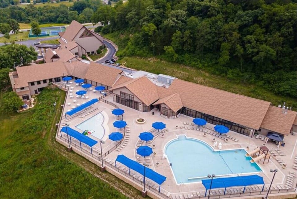 Outdoor pools at the Galena Territory with fun slides, wading pool for kids