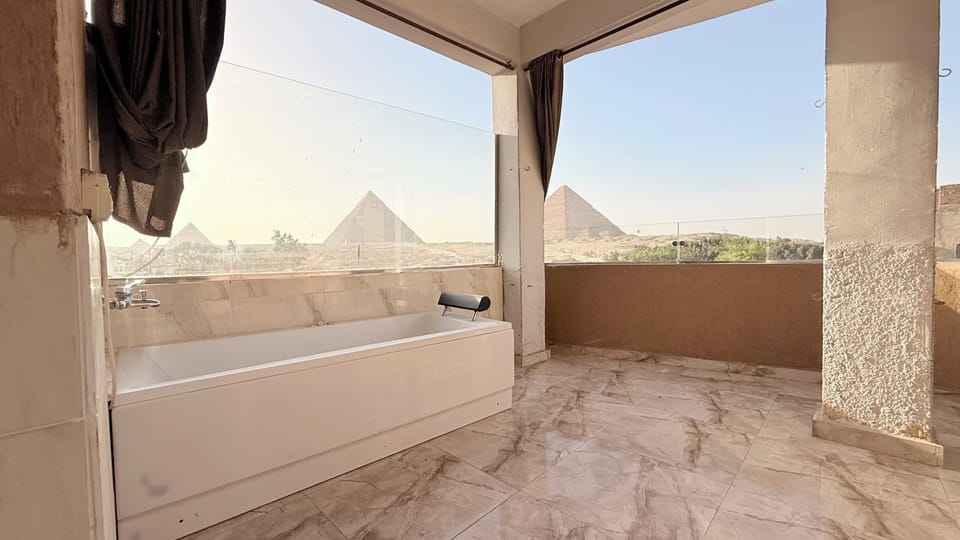 Luxury Hot Tub Room With Panoramic Pyramids View & Terrace | Hypo-allergenic bedding, minibar, in-room safe, desk